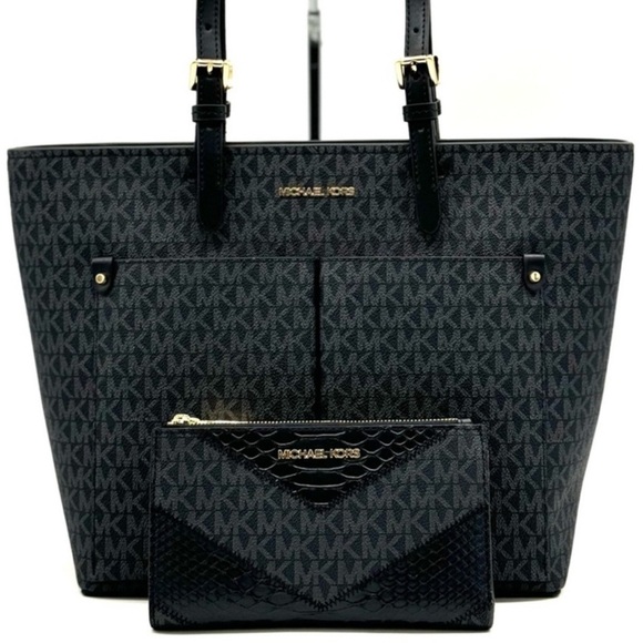 Michael Kors Jet Set Medium Pocket Tote Bag & Double Zip Wallet Black Multi - Picture 1 of 13